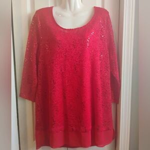 JM Collection Red Sequin 3/4 Sleeve Blouse